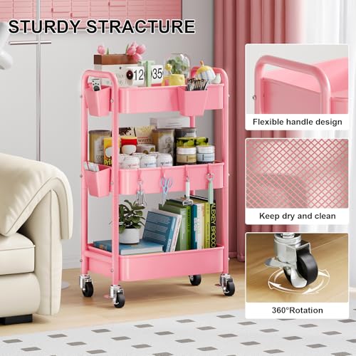 3 Tier Rolling Cart Metal with Lockable Wheels, Pink Three Tiered Diaper Caddy Cart Organizer on Wheels, Storage Utility Trolley Carts for Craft, Art, Nail, Lash, Baby Supplies, Cleaning, Mesh - Image 6