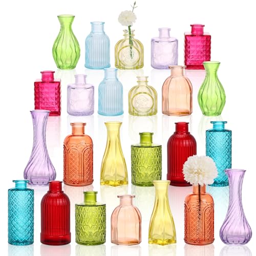24 Pack Colorful Glass Bud Vase Set, Small Colored...