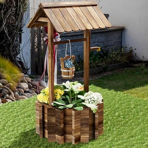 Aoxun Wooden Wishing Well Planter with Hanging Bucket for Flower and Plants Indoor and Outdoor, Rustic Flower Planter Patio Garden Ornamental, Home Decor, Brown Cover