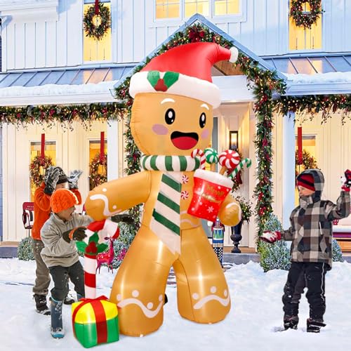 Fayavoo Décorations de Noël gonflables de 2,4 m en forme de bonhomme en pain d'épices avec 8 lumières LED, décorations de Noël gonflables pour extérieur, intérieur, pelouse, jardin – Image 7