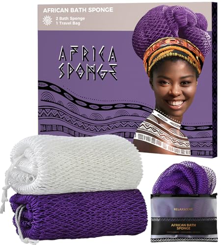 Esponja africana auténtica de baño en pack de 2 mallas exfoliantes corporales color blanco y morado