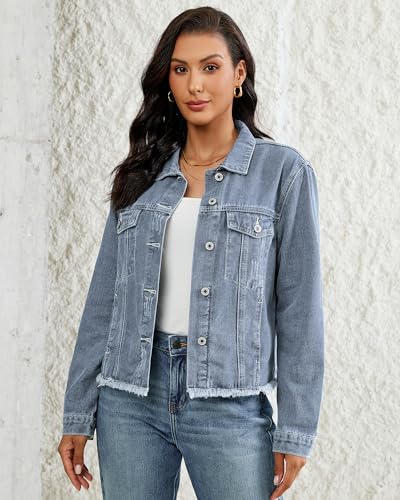 Vetinee Women's Distressed Frayed Hem Trucker Denim Jacket (Various) - image 8