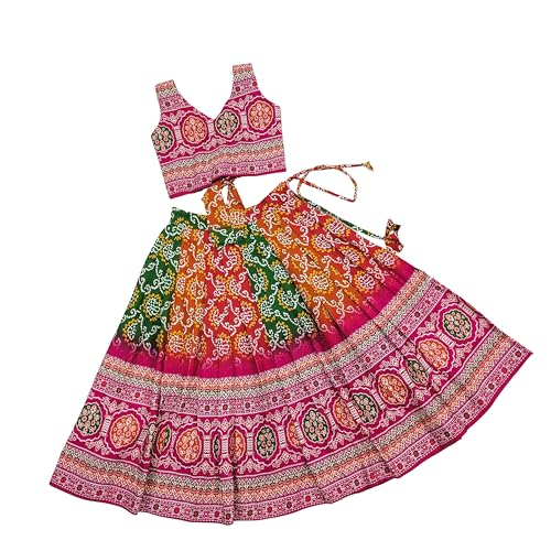 Image of E-Sqare Kids Girls Multicolour Bandhani Print Lehenga Choli Set | Ethnic Wear Dress | Readymade Clothing Set | 2 to 8 Years