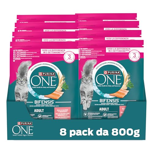 PURINA ONE Bifensis Crocchette per Gatti Adulti con Salmone e Cereali Integrali 8 Sacchi da 800g