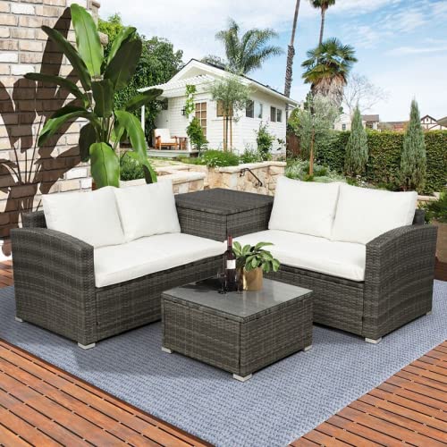 Topmax 4 Pcs Outdoor Cushioned Pe Rattan Wicker Sectional Sofa Set Garden Patio Furniture Set (Gray Cushion) #TOP4