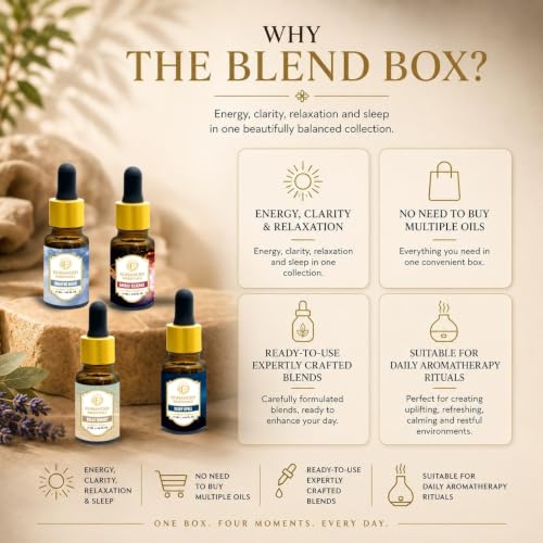 Image of Blend Box | 4 x 10 ml Pure Essential Oil Blend Gift Set | Breathe Bliss, Energy Essence, Relax Remedy & Sleep Spell | For Diffusers, Skincare, Massage, Candles & Soap Making