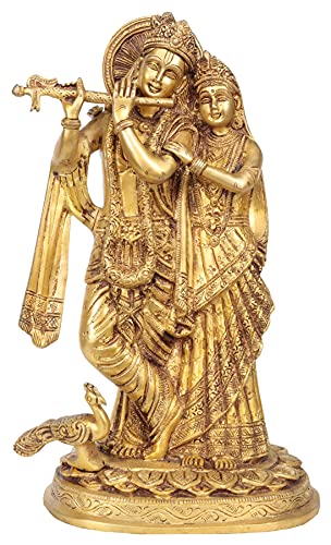 Image of AONA Radha Krishna Brass Idol Standing Statue for Puja Mandir Home Decor | Antique Multicolour Finish | Height 12 Inch | Wedding Anniversary Diwali Gifting