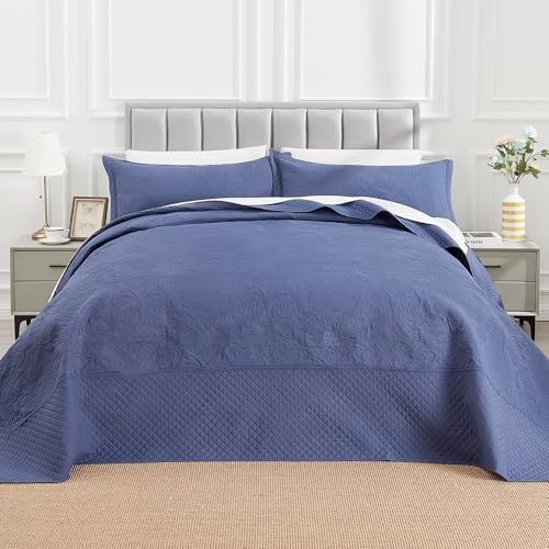 Image of ENJOHOS Navy Blue 138x122 Extra Wide Oversized King Quilts - California King Bedspread, Reversible Summer Soft Microfiber Bed Coverlet Super King Bedding (1 Cal King Quilt, 2 Pillow Shams)