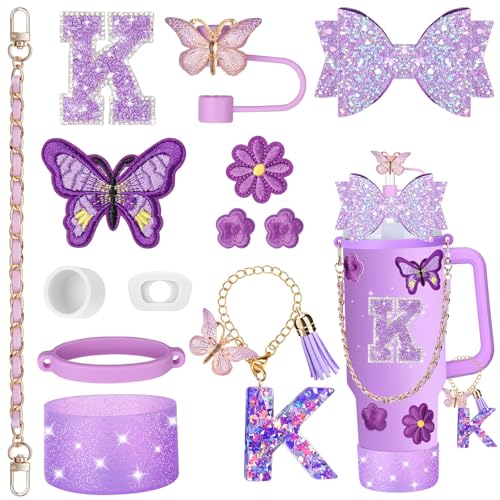 Mity rain 14PCS Purple Cup Accessories for Stanley Cup 30oz 40oz tumbler with handle - Includes Strap Straw Bow Decorate Straw Cover Boot Spill Proof Stoppers Handle Charms Letter Sticker(Initials K)
