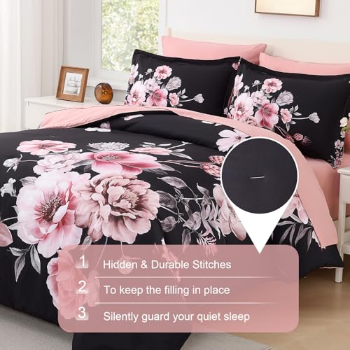 Image of Floral King Size Comforter Set - 7 Piece Botanical Black and Pink Bed in a Bag Ulter Soft Microfiber Bedding Set, Lightweight Bed Comforter Set with Sheets for All Season (Black, King)