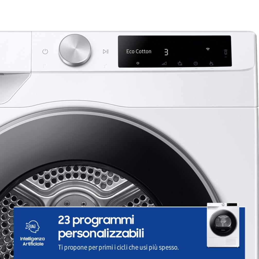 Samsung Asciugatrice AI Control DV90DG6845LE/U3, 9 kg, Pompa di Calore, Wifi, AI Dry+, Air Wash, Tecnologia Optimal Dry, Carica Frontale, 60L x 85H x 60P cm