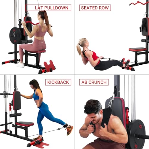 ER KANG LAT Tower with Flip-Up Footplate, High & Low Pulley Station, AB Crunch Harness Home Gym Back Exercise Machine