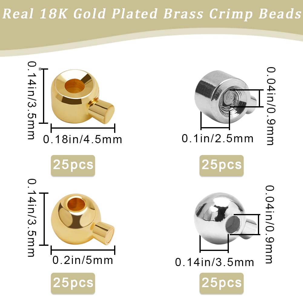 Beebeecraft 1 Box 100Pcs Crimp Beads for Jewelry Making 18K Gold & Platinum Plated Spacer Beads Ball Column Stopper Crimp Charms for Bracelet Necklace Ends Accessories - Image 2