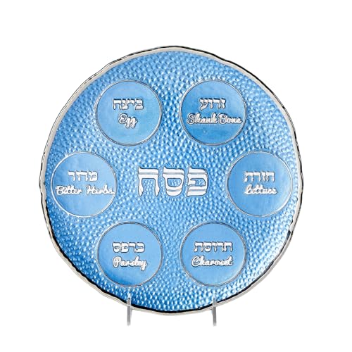 Rite Lite Blue Pebble Glass Seder Plate Elegant Round Passover Plate with Silver Accents Hebrew & English Labels 12 Handcrafted Dish for Table Decor & Pesach Holiday Gift