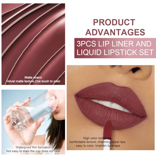 Image of evpct 3Pcs Dark Red Nuetral Mauve Red Brown Matte Lip Liner & Liquid Lipstick Stain Makeup Set for Women, Lip Liner Long Lasting Waterproof Smudge Proof, Longwear Lips Stick Makeup 24 hours originale