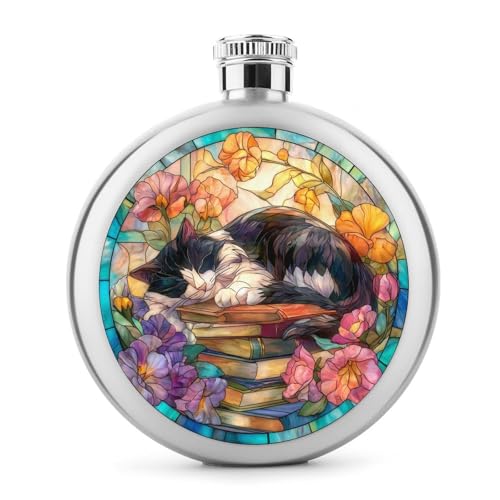 Petaca de acero inoxidable para licor, diseño de gato blanco y negro durmiendo en libros, botella de vino portátil de bolsillo redondo para bebida, 5 onzas