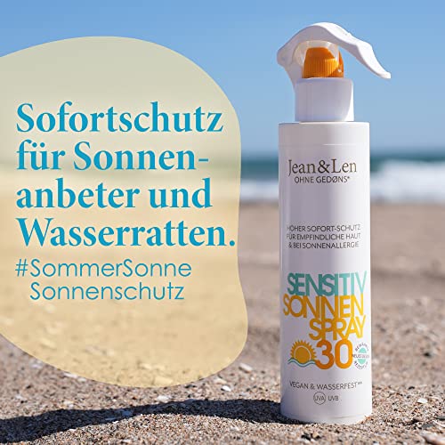 Jean & Len Sensitiv Sonnenspray 30 LSF wasserfest, für empfindliche Haut, ohne Silikone, Nanopartikel, Octocrylen, Mikroplastik, Mineralöl, Duft- & Farbstoffe, vegan, Sonnencreme Spray 250 ml