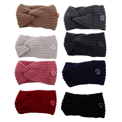 SHERCHPRY 8Pcs Winter Warm Knitted Hairbands with Button for Mask Soft Comfortable Ear Warmers Stylish Headbands for Outdoor Activities for Travel Hiking Cycling