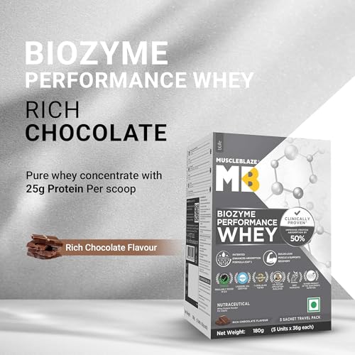 Image of MuscleBlaze Biozyme Performance Whey Protein Powder, Rich Chocolate, 5 Sachets (36g each) | Travel Pack | 25g Protein Per Sachet | Clinically Tested 50% Higher Protein Absorption