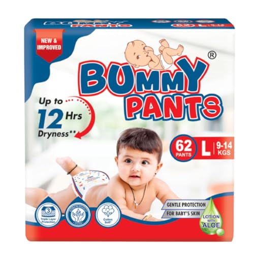 Image of BUMMY PANTS Baby Diapers - Soft & Comfortable with 5D Cross Core Technology, 360 Soft Elastic Waistband & Up to 12-Hour Absorption | L | Pack of 1 | 62 Pieces
