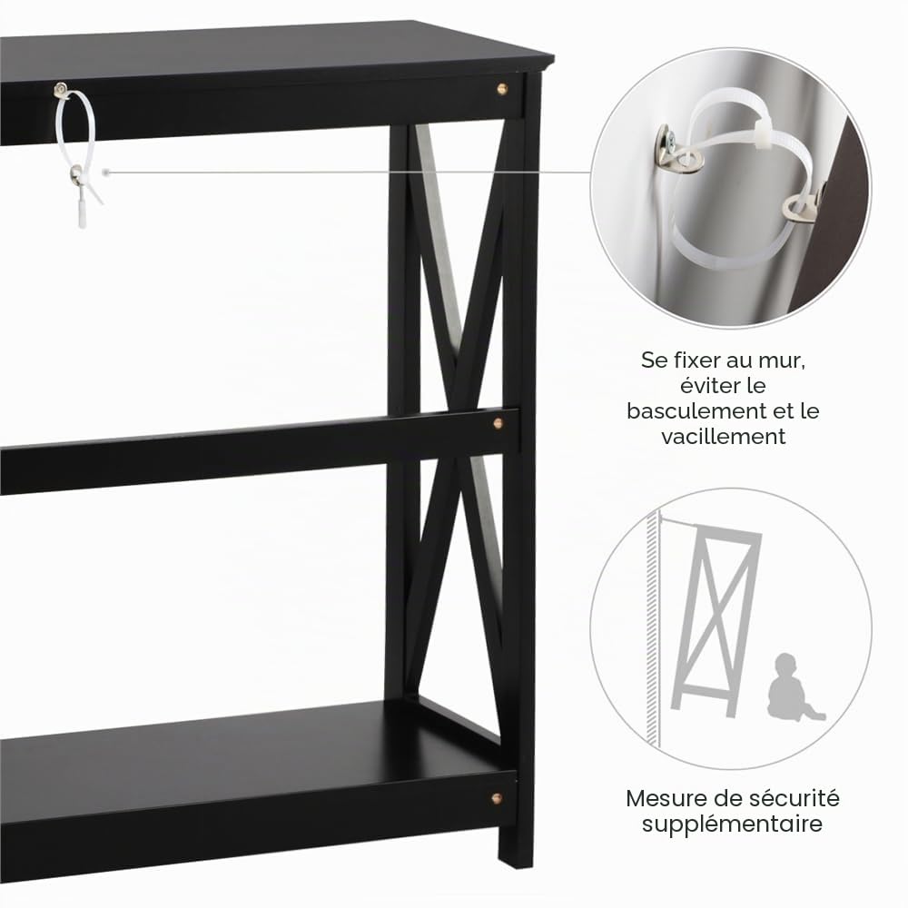Yaheetech Table Console Table d'Entrée en Bois Meuble de Salon, Moderne, avec 2 Etagères de Rangement, Structure en X, pour Petits Espaces, Salon, Couloir, 102 x 30 x 81 cm, Noir
