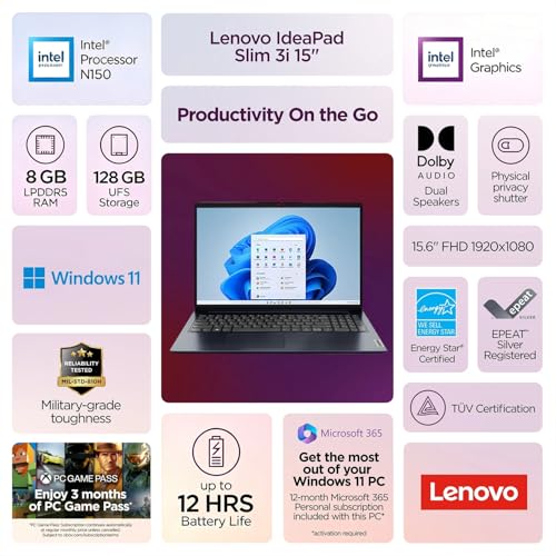 Image of Lenovo IdeaPad Slim 3i • 2026 • 15.6 inch Anti-Glare Laptop Computer• Microsoft Office 365 • Intel Processor • 8GB DDR5 • 128GB SSD • Windows 11 • Copilot AI • School, Business & Productivity