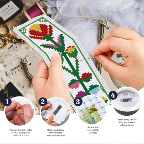 Image of INFUNLY 6pcs DIY Flower Cross Stitch Bookmark Kits for Beginners 2.4''x7.9'' Colourful Flowers Stamped Embroidery Bookmark Kits with Instruction Needlepoint Bookmark Kits with Plant Pattern for Gift
