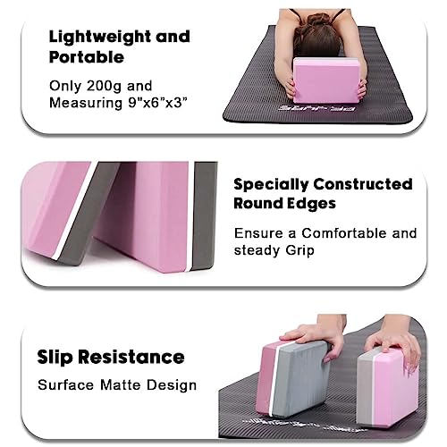 Image of De Jure Fitness Yoga Block - Non-Slip EVA Foam, Latex-Free with Beveled Edges for Stability & Balance - Ideal Yoga Accessory for Stretching, Pilates, & Meditation Support, Pink-Grey - Pack of 2