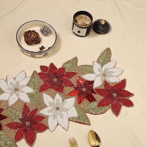Image of Cotton Beautiful Silver Beaded Table Runner Craftsmanship | Pack of 1 Measure 13 * 36 Inches| Thanksgiving - Occasional Decoration Red Multi Flowers, Medium