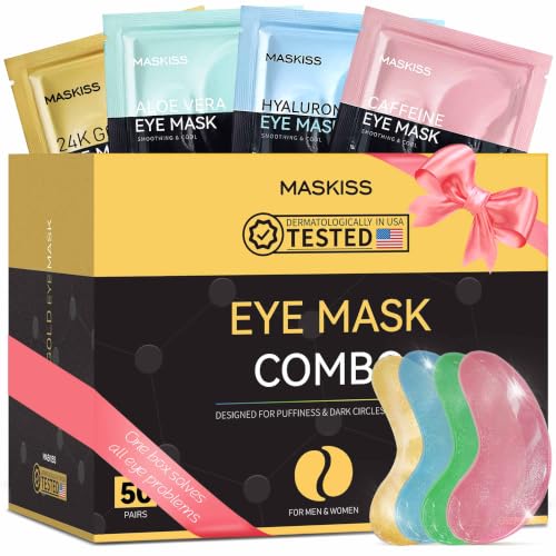 Maskiss Under Eye Patches(50 Pairs) 24K Gold Caffeine Hyaluronic Acid Aloe Vera Eye Masks for Dark Circles Puffy Eyes Undereye Bags Eye Skin Care Gift Set for Bachelorette Party Favors