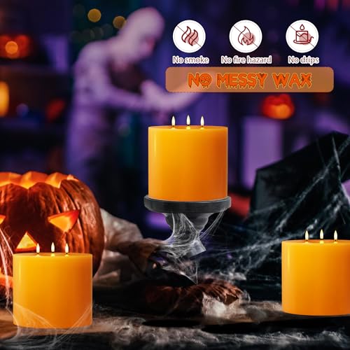 Image of Orange Extra Large Flameless Candles, 6 inchx6 inch Battery Operated Candles with Remote, Real Wax Flickering LED Candles with 3 Wicks for Fall, Thanksgiving, Harvest, Halloween Decor