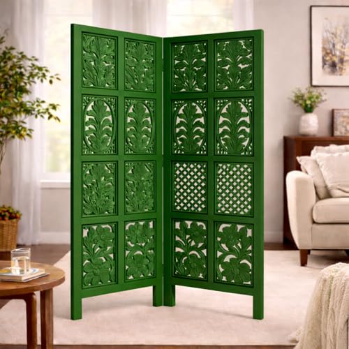 Image of Wooden Room Divider | MDF Privacy Screen Partition | Freestanding Folding Floor Panel | Decorative Carved Handicraft Separator for Living Room, Bedroom & Office (Green, 5 feet 2 Panels)