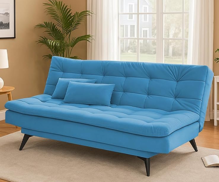 Image of Casaliving Danny Sofa Cum Bed for Living Room Premium Fabric Sofa New 3 Seater Sofa Cum Bed Velvet Fabric with 2 Cushions (Aqua Blue) Suitable for All Indoor Sofa Set