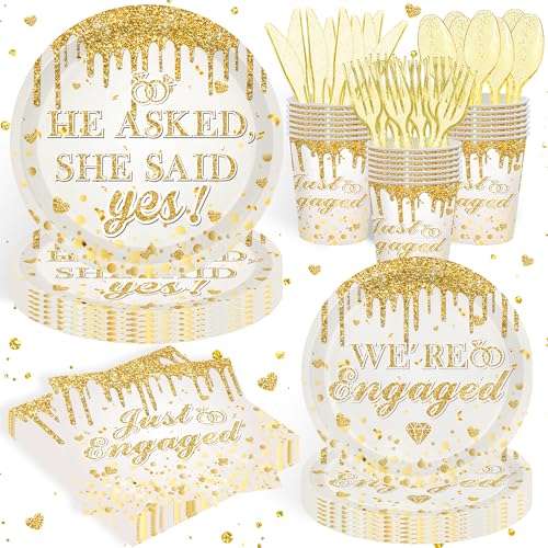 140Pcs Engagement Party Decorations He Asked She Said Yes Decorations Happy Engagement Plates and Napkins Tableware Set Wedding Proposal Decor Serves 20 Guests