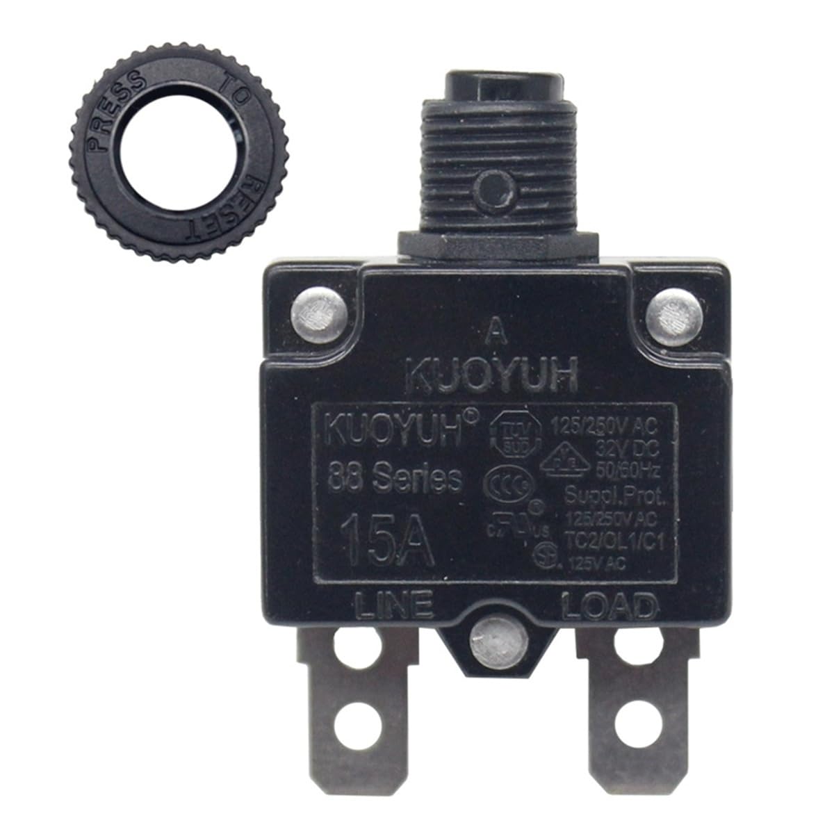 KUOYUH 15A 88 Series Circuit Breaker 125/250VAC 50/60Hz Push-to-Reset (15A)