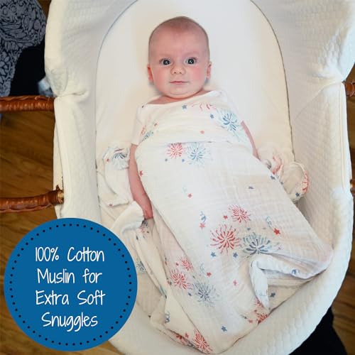 Image of LollyBanks Swaddle Blanket 100% Cotton, 4th of July Muslin Swaddle Blankets Lightweight, Soft Baby Swaddle Blanket 47 x 47 inches, Baby Essentials, Registry and Gift (Fireworks Print)