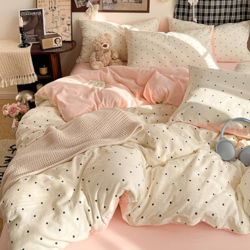 Image of Nayoroom Pink Polka Dot Duvet Cover Set Full Black White Dots Bedding