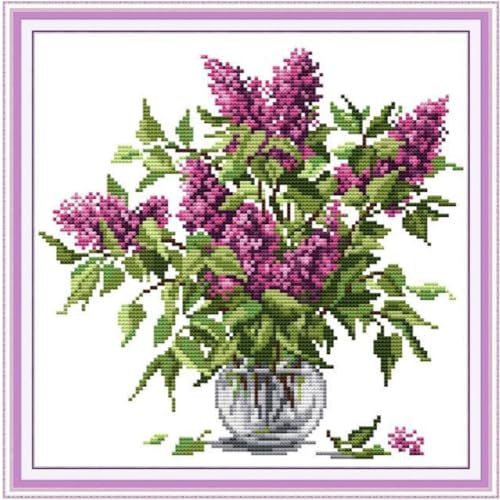 Image of Qeerysew Cross Stitch Kit Stamped Full Range of Embroidery Starter Kits for Beginners DIY-Printed kit Purple Flower 3(Printed) 11CT 14.6x14.6 inches