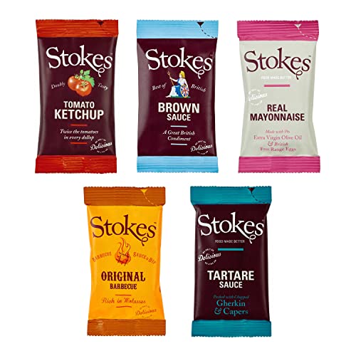 Stokes Sauce Sachet Selection | 50 Assorted Single Serve Sachets | Tomato Ketchup Brown Mayonnaise BBQ Sauce & Tartare | Catering Lunchboxes & Takeaway