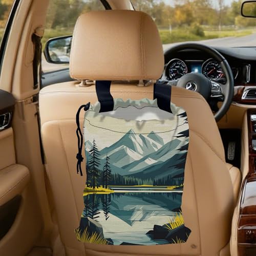Image of Mountain Lake Car Trash Bag,Forest Tree Strap Drawstring Car Garbage Bags,Car Back Seat Organizer with Adjustable Buckle for Car Accessories