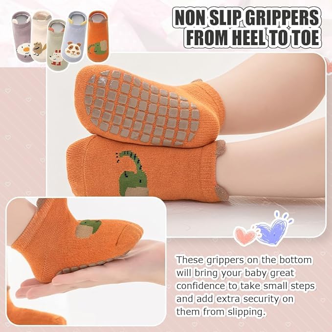 AVAIRTHZZ Pack of 5 Baby Anti-Slip Cartoon Socks for Boys & Girls | Soft Cotton Non-Skid Socks with Grips for Infants & Toddlers | Breathable, Stretchable, Cute Animal Printed Baby Footwear 4