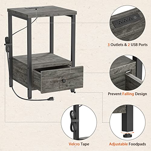 Ecoprsio Nightstands Set Of 2 With Charging Station, Modern Night Stand Bedside Table With Storage Drawer And Shelf, End Side Table With Usb Ports & Power Outlets For Bedroom Living Room, Grey Oak #TOP4
