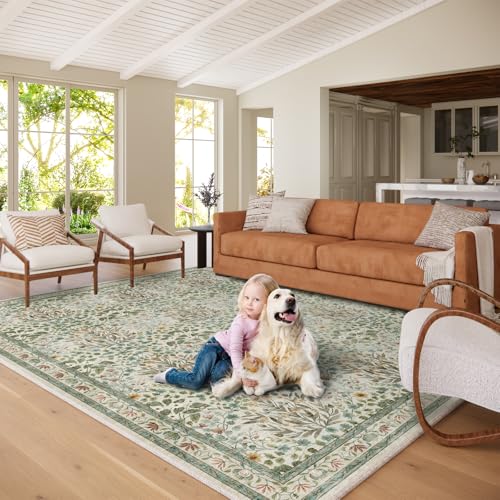 Image of Washable Area Rug 8x10 - Vintage Floral Living Room Rug for Dining Room (Under Table), Bedroom - Stain Resistant, Soft Low Pile, Non-Slip Large Carpet