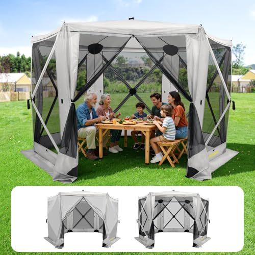 Raynesys 6 Sided Pop Up Gazebo Tent, Camping Screen Tent for 6-8 Person Foldable, Pop-Up Canopy Shelter with Mesh Windows, UV Resistant, Quick Set, Outdoor Gazebo with 6 Removable Wind Cloths
