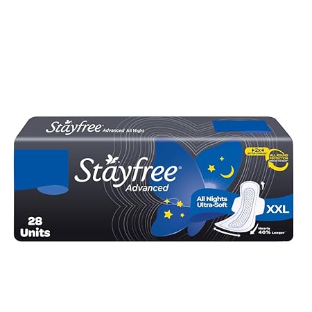 Stayfree Advanced Xxl|28 Pads|All Night Ultra Comfort Sanitary Pads For Women|Convert Heavy Flow Into Gel|Odour Control|Absorbs 2X More With Wider Back|Helps Prevent Rashes|Ultra Thin Pads|