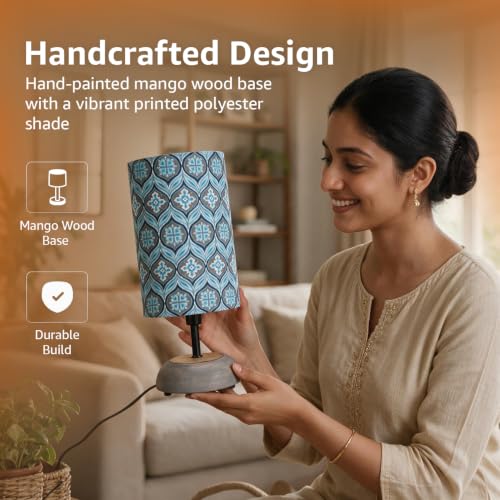 Image of Amazon Basics Blue Lagoon Table Lamp | Hand-Painted Mango Wood Base with Printed Polyester Shade | E14 Holder | Decorative Night Lamp for Bedroom, Living Room & Study Room | Home Decor Gift