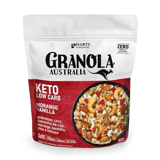 Hart's Natural Granola Australia Keto Low Carb Morango e Baunilha - Granola Sem Açucar, Sem Lactose, Sem Glúten, Vegano - 100% Natural - Alto em Fibras - 300g