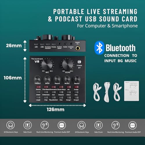 Image of Powerpak V8 Portable Audio Mixer Interface, Bluetooth Sound Card for Live Streaming, Recording, Podcast,Voice Change /Karaoke /Gaming /Singing with Sound Effects, 3.5mm Mic Jack for Guitar