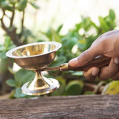 Image of Alodie - Brass Sambrani Stand & Loban Dhoop Dani Burner with Wooden Handle for Kapur - Sambrani Dhoop Holder Pooja Items for Home (Medium 9x3.5x2.8)