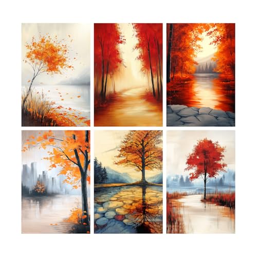 Image of SiddArtify Autumn Landscape Wall Art Prints Set - Fall Tree Poster Decor for Living Room Bedroom Office - 12x18 inch Board Pack of 6